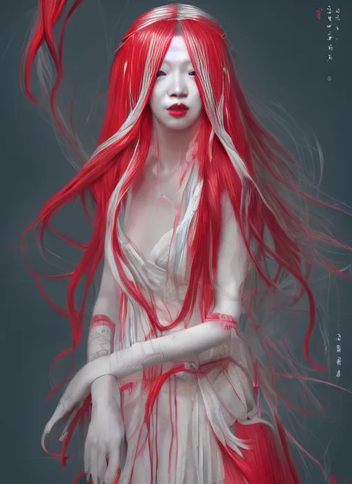 Image similar to albino maiko with very long fantasy hair, fluent composition, red and white neon, concept art, ambient light, 4 k, intricate details, highly professionally detailed, cgsociety, highly detailed -