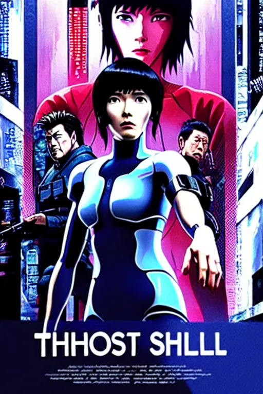 Prompt: long shot from the film ghost in the shell, style of yoshii chie, cinematic, highly detailed