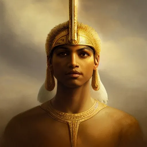 Prompt: breathtaking soft painting of horus in a golden sky, realistic symmetrical face features, rembrandt style, elegant, highly detailed, artstation, concept art, matte, sharp focus, art by tom bagshaw, and greg rutkowski