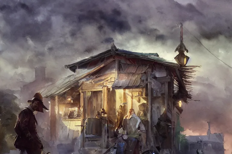 Image similar to paint brush strokes, abstract watercolor painting of rustic village at midday, ambient lighting, art by hans dahl, by jesper ejsing, art by anders zorn, wonderful masterpiece by greg rutkowski, cinematic light, american romanticism by greg manchess, creation by tyler edlin