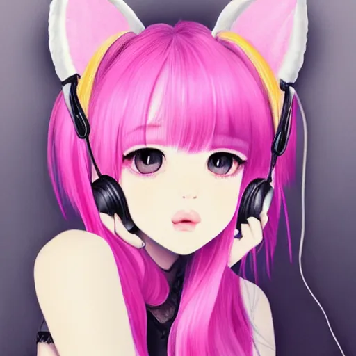 Prompt: realistic beautiful gorgeous natural cute Blackpink Lalisa Manoban pink hair cute fur pink cat ears, wearing white camisole summer outfit, headphones, black leather choker artwork drawn full HD 4K highest quality in artstyle by professional artists WLOP, Aztodio, Taejune Kim, Guweiz on Pixiv Artstation