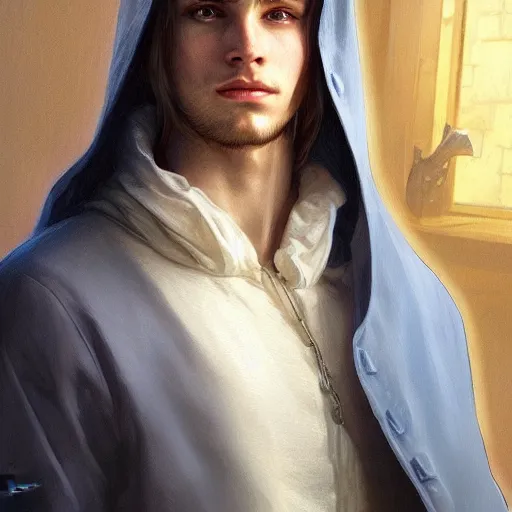 Prompt: ultra realistic illustration, a young man in a white hood, with brown hair, with blue eyes, intricate, elegant, highly detailed, digital painting, artstation, concept art, smooth, sharp focus, illustration, art by artgerm and greg rutkowski and alphonse mucha