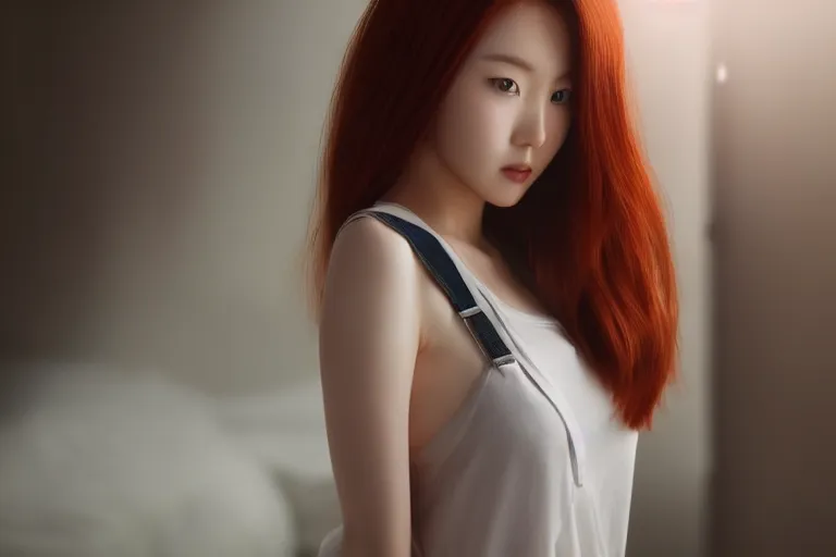 Prompt: hyperrealistic portrait of stunningly beautiful redhead korean girl in a morning light, trending on artstation,ultrawide angle, f8 , unreal engine