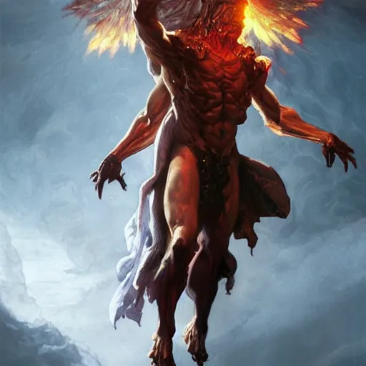 Image similar to Christopher Lloyd as belial, burning and falling from the sky, full_body!!, dungeons and dragons, highly_detailed!!, Matte painting, artstation, concept art, sharp focus, illustration, art by artgerm and greg rutkowski and alphonse mucha