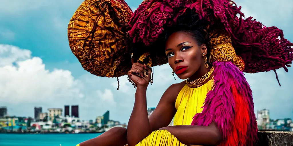 Prompt: movie portrait closeup a beautiful colorful fashion icon jamaican woman is sitting on the top of a roof. beautiful natural skin, the amazing floating neoclassical city, fantasy, steampunk, intricate, amazing composition, gloomy by emmanuel lubezki