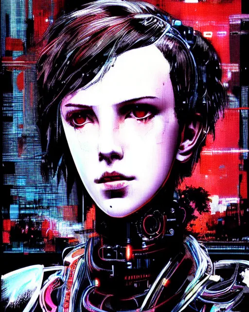 Prompt: portrait of cyberpunk millie bobby brown as a robot by yoji shinkawa