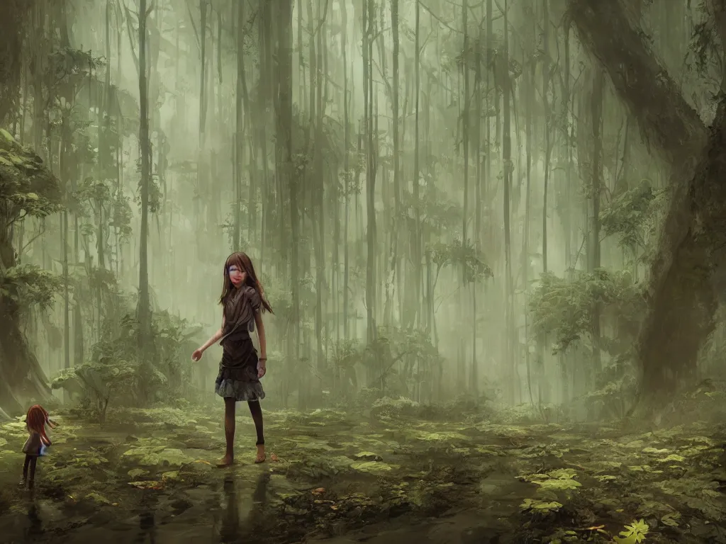 Prompt: a girl in the form of a hunter walking through a rain forest, gloomy picture, illustration, highly detailed, digital painting, concept art, art by wlop, masterpiece