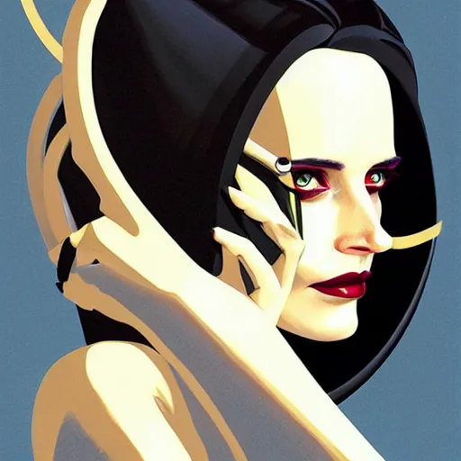 Prompt: Joshua Middleton artwork, wide shot, stunning elegant female Eva Green, futuristic spy, tribal mask, beautiful evil sneer, symmetrical face, symmetrical eyes, leather clothing and boots, long straight golden hair, full body, Indigo occult pattern