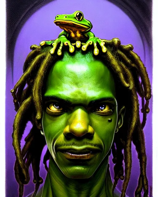 Image similar to lucio from overwatch, dreadlocks, frog like, character portrait, portrait, close up, concept art, intricate details, highly detailed, horror poster, horror, vintage horror art, realistic, terrifying, in the style of michael whelan, beksinski, and gustave dore