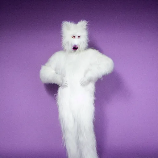 Image similar to a photo of a white fur monster standing in a purple room