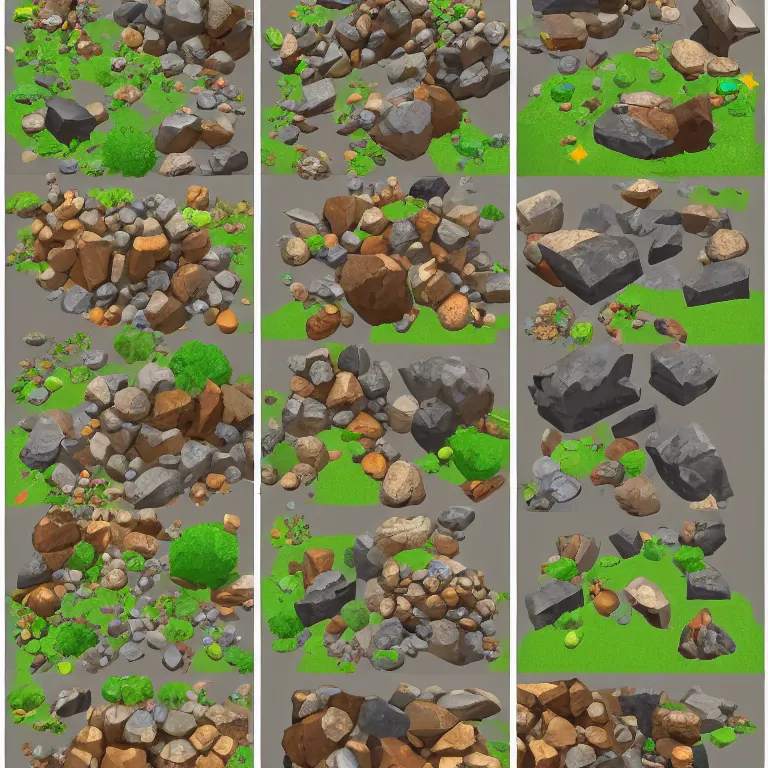 Prompt: an asset pack of 2 d rocks, megascans, game assets