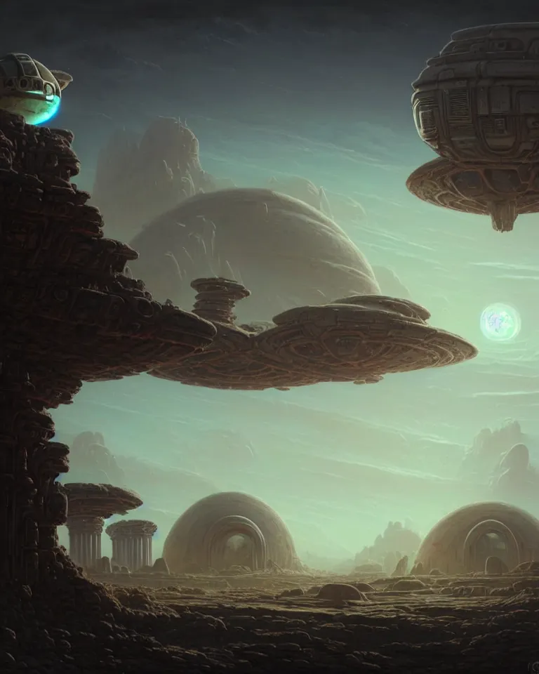 Image similar to large alien spacecraft hovering in the sky an a wasteland alien exoplanet and ancient ruins in background and alien planet with craters and large stone structures by bruce brenneise and peter mohrbacher, hyperrealistic very detailed landscape concept art, 3 d render, neosurrealism. digital concept art, pixel art, rendered in octane, trending on cgsociety, trending on artstation