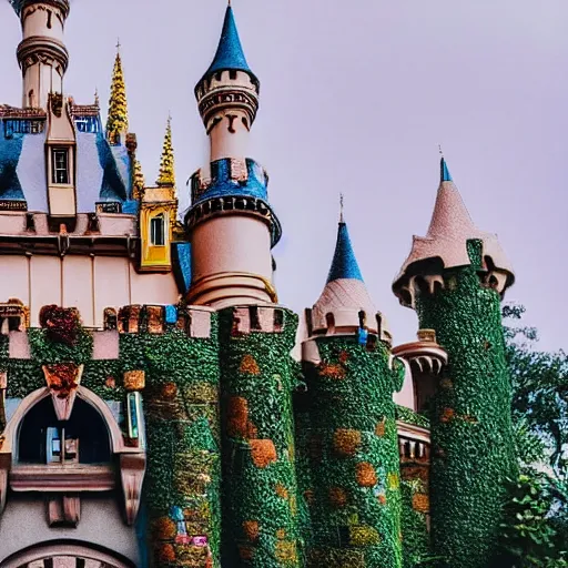 Image similar to overgrown disneyland castle that has been unkept for thousands of years, trending on unsplash, 4 k photorealism, 4 k quality, intricately defined, complexly detailed