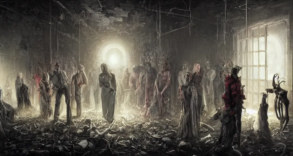 Image similar to A horrific sinister painting of souls of the dead queueing up outside a door in an abandoned warehouse by Tom Bagshaw, Dan Mumford, Dariusz Zawadzki, Todd McFarlane, and Erik Johansson.