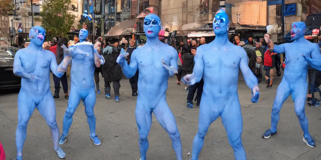 Prompt: cyclops coneheads blue men group street performers, detailed facial expressions