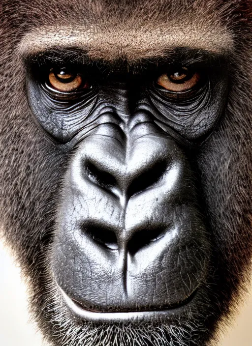 Prompt: platon closeup photograph of harambe in a suit, photorealistic, studio lighting, ektachrome, detailed, intricate, face detail