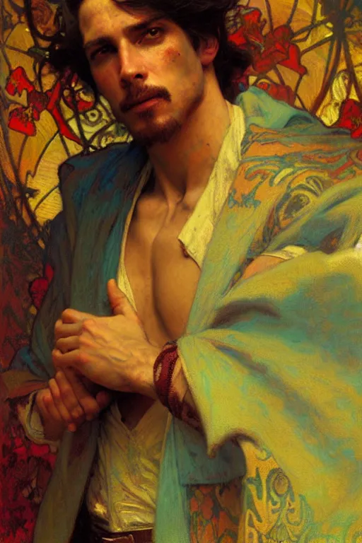 Image similar to attractive man, renaissance, cool colors, painting by gaston bussiere, craig mullins, greg rutkowski, alphonse mucha