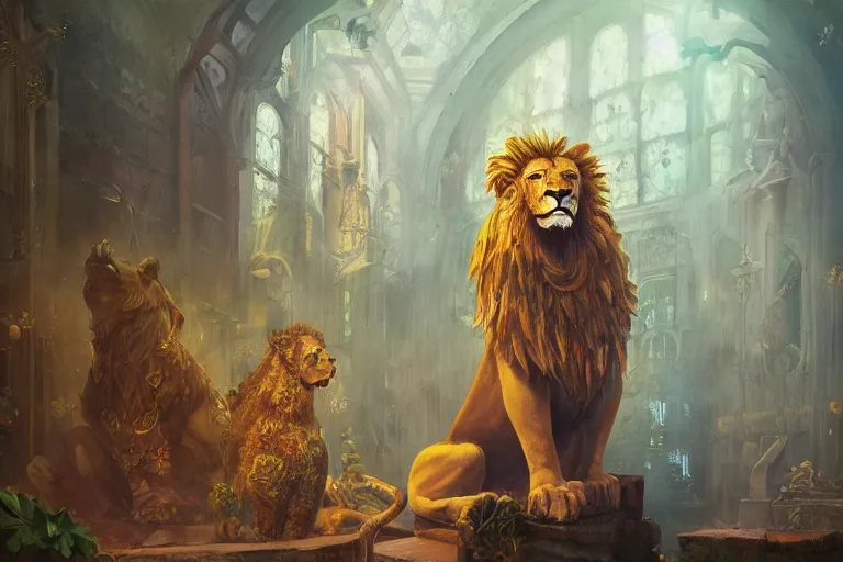 Image similar to An antropomorphic lion dressed as king in a Gothic atelier, oil painting, detailed, colorful, 4k, dimly lit, in the style of Yanjung Chen and Tom Bagshaw