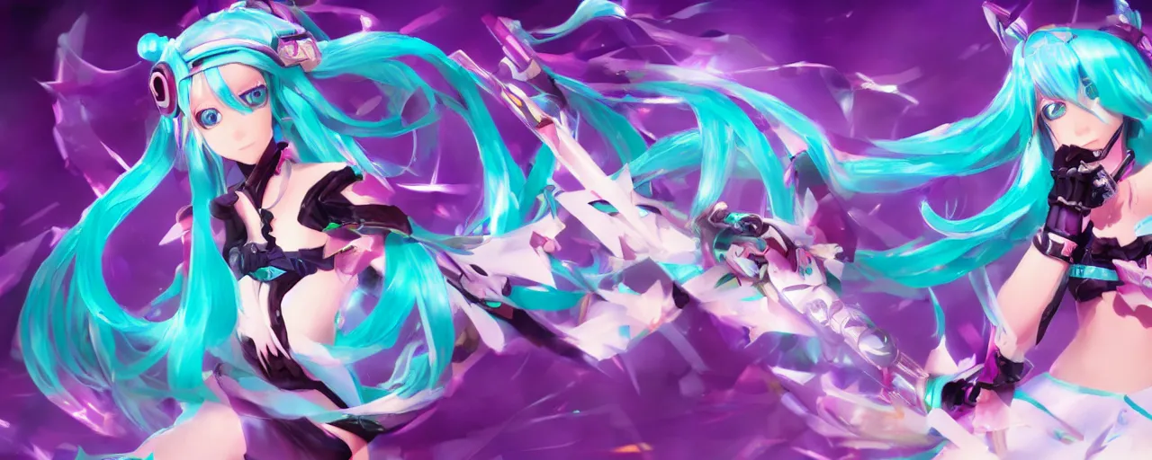 Image similar to Hatsune Miku splash art as a League of Legends character, Riot Games, digital art