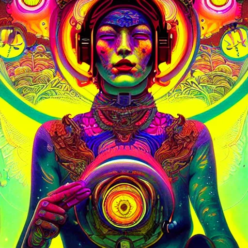 Prompt: An extremely psychedelic experience, colorful, surreal, dramatic lighting, cosmonaut, LSD, cyberpunk Tibetan bodhisattva, detailed, intricate, elegant, highly detailed, digital painting, art nouveau, tarot, artstation, concept art, smooth, sharp focus, illustration, art by Sam spratt, dan mumford, Artem Demura and alphonse mucha