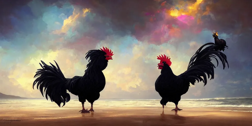 Image similar to fantasy render of a black rooster wearing a fedora, rooster is riding unicorn at the beach rainbow farting, by wlop, artgerm, greg rutkowski, alphonse mucha, beautiful dynamic dramatic sense of awe, lighting, shadows, cinematic atmosphere, artstation, concept design art, octane render, 8 k