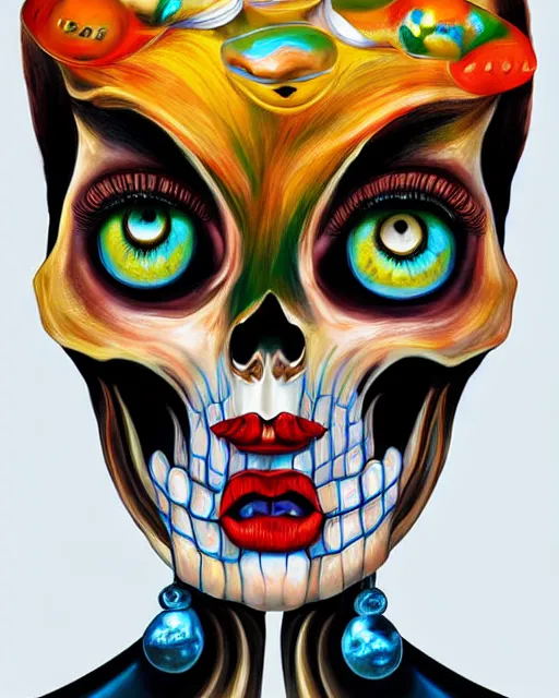 Prompt: a surrealistic head and shoulder painting of a gorgeous female skeleton with cat eyeballs and lipstick and hoodie, in the style of salvador dali, digital art, detailed masterpiece