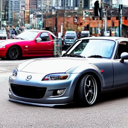 Prompt: A giant Mazda Miata NA wreaks havoc over a city