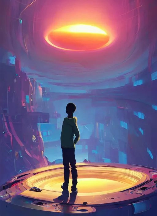 Prompt: young black man floating in a cylindrical chamber, futuristic computer hardware and cybernetic imagery, digital painting artstation, 2 d game fanart behance hd by jesper ejsing, by rhads, makoto shinkai and lois van baarle, ilya kuvshinov, rossdraws, dramatic sunset, global illumination, radiant light, detailed and intricate environment