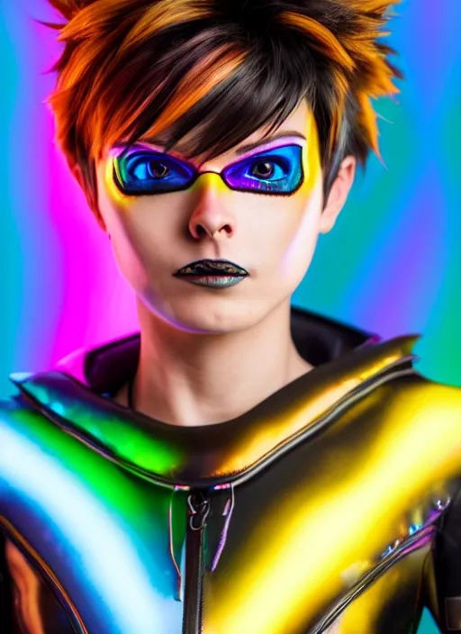 Prompt: hyperrealistic style portrait of tracer overwatch, confident pose, wearing black iridescent rainbow latex, rainbow, neon, 4 k, expressive surprised expression, makeup, wearing detailed black leather collar, wearing sleek armor, studio lighting, black leather harness, expressive detailed face and eyes,