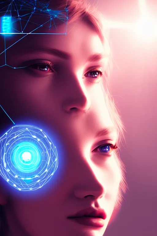 Image similar to portrait of the goddess of artificial intelligence as a holohram of a beautiful girl, in front of a shining orb of data, threads of light in the background, detailed eyes, extremely high quality artwork, very detailed, trending on artstation