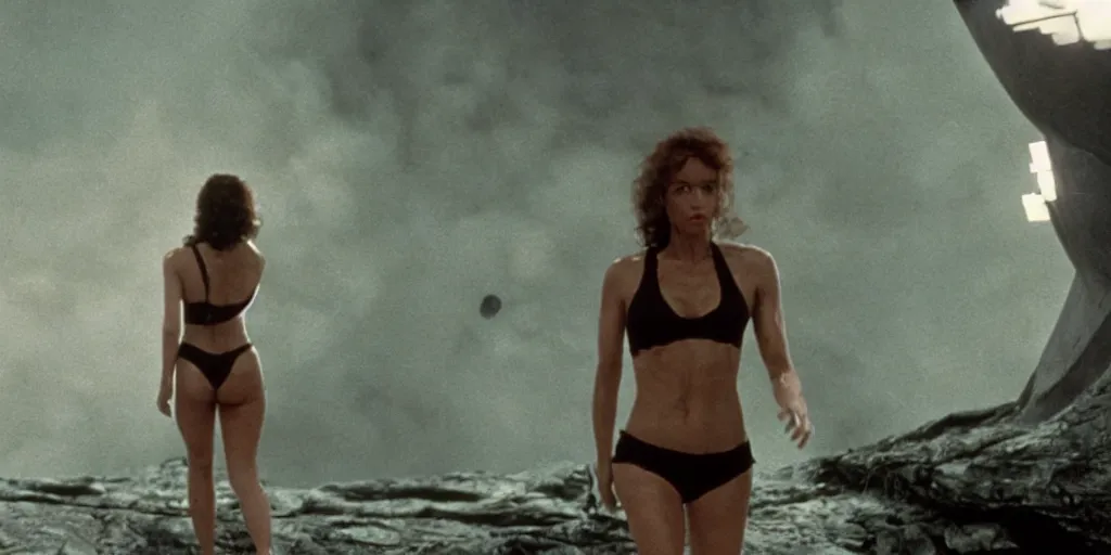 Image similar to color film still, view from behind, a woman in black bikini exploring a spaceship ; alien 2 ( 1 9 8 6 )