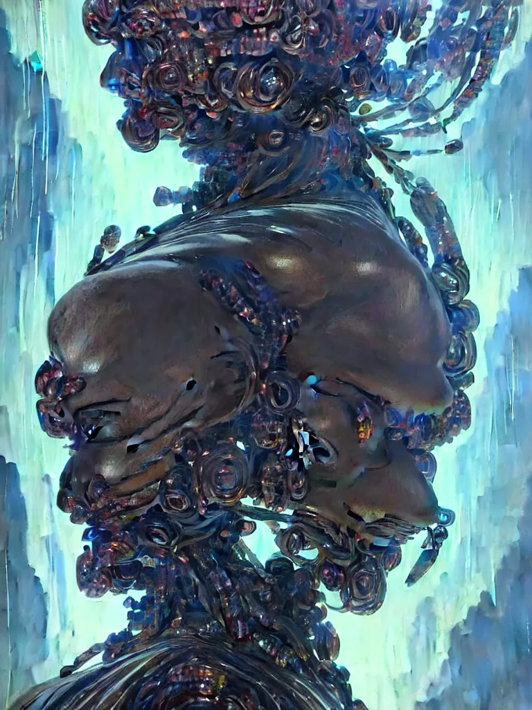 Image similar to asura from chinese myth, ghost, gorgeous and huge head ornaments, dystopian, cyberpunk, organic fractal mycelum and fungi, mecha, halfturn portrait of a big crystal face made of crystals half - turn, ominous, intricate, studio, art by anthony macbain + greg rutkowski + alphonse mucha, concept art, 4 k, sharp focus