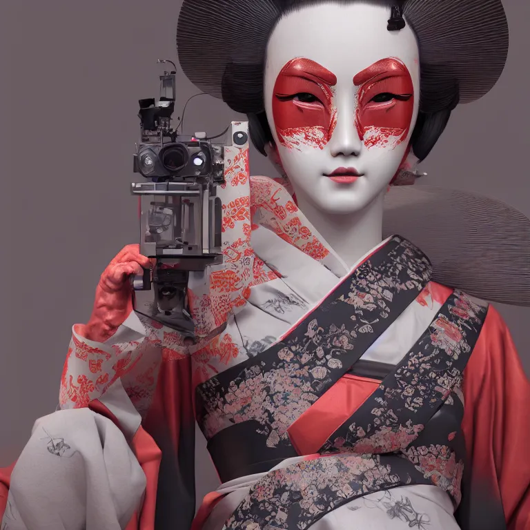 Image similar to a beautiful japanese geisha robot android portrait, kabuki mask, in the style of ash thorp, beautiful, diffuse cinematic lighting, anamorphic lens, anamorphic lens flare, hyper real, intricate detail, octane renderer, unreal engine 5