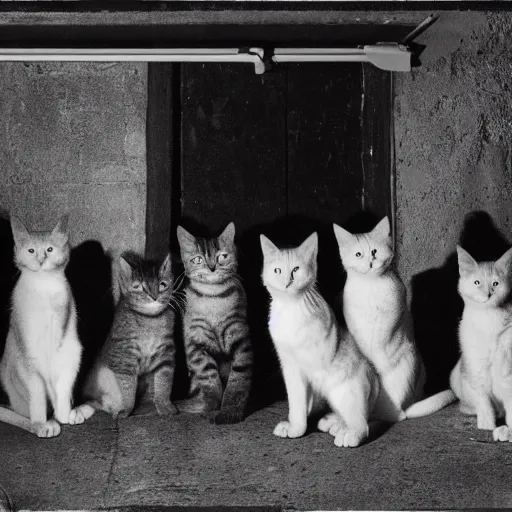 Prompt: photo of a group of stray cats watching television in a dark alley, studio lighting moonlit