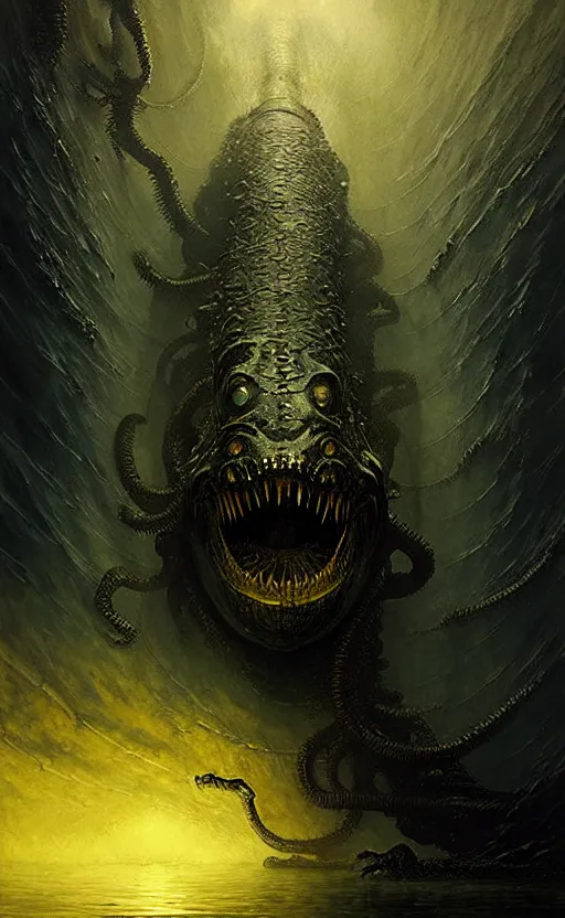Prompt: dark horror, eel monster with yellow eyes, thalassophobia, by greg rutkowski, by giger, by maxim verehin