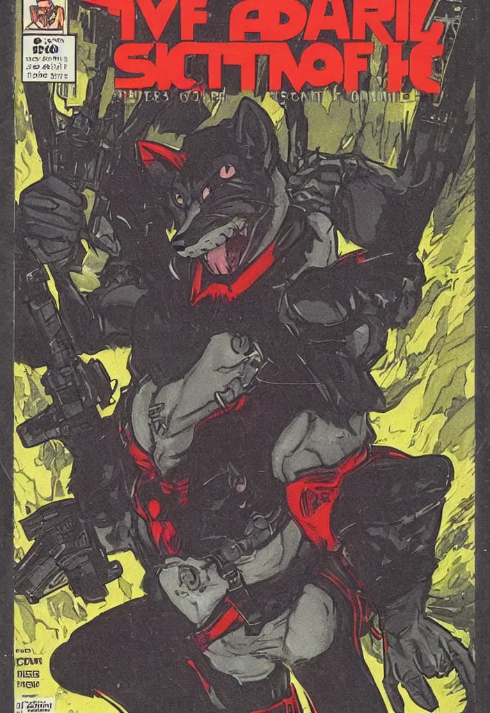 Prompt: 1 9 8 0 s comic book title cover scan, featuring a portrait of the villain anthropomorphic wolf o'donnell from starfox fursona furry wolf, in a dark space mercenary uniform, looking badass, 8 0 s sci - fi comic art, dark grey wolf o'donnell