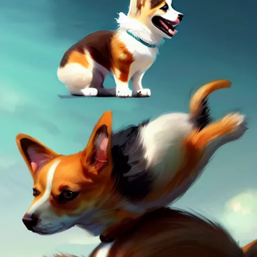 Image similar to tiny cat girl riding on the back of a giant corgi by greg rutkowski