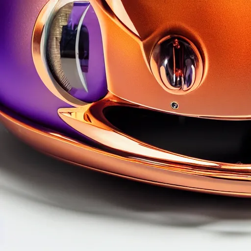Image similar to award winning product photography, 3 5 mm lens, of a glossy orange metallic and shiny purple metallic shiny ergonomic virtual reality headset as off a 1 9 3 6 bugatti type 5 7, studio lighting,