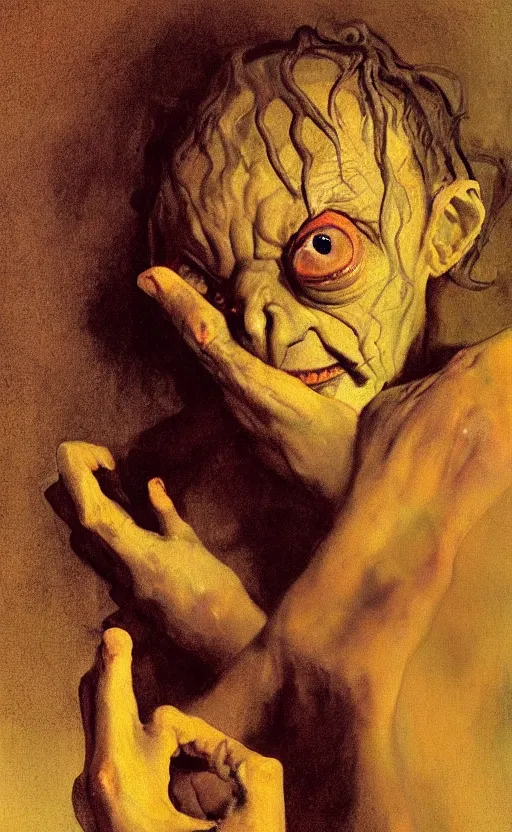 Prompt: a beautiful painting of gollum holding the ring and crying, by rembrandt and johannes vermeer, rembrandt lighting, beautiful composition and structure, high contrast, high saturation, vivid ember colors, cross hatching featured on artstation, shading study, lighting study, studio lighting