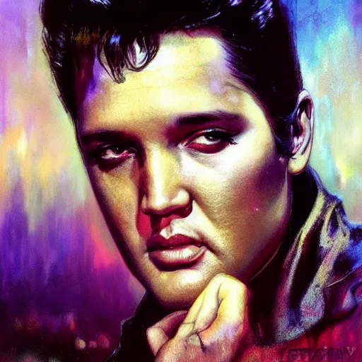 Image similar to elvis presley, hyperrealistic portrait, bladerunner street, art of elysium by frank frazetta and jeremy mann and alphonse mucha, fantasy art, photo realistic, dynamic lighting, artstation, poster, volumetric lighting, very detailed face, 4 k, award winning