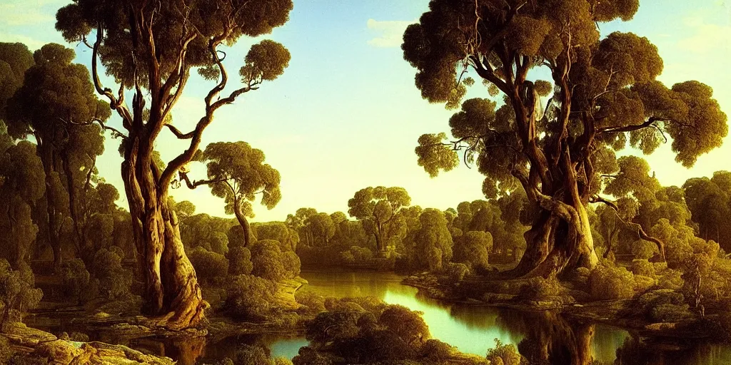 Image similar to landscape painting of a old blue gum tree next to a meandering river by alexei savrasov and thomas cole, mid day sun, artstation