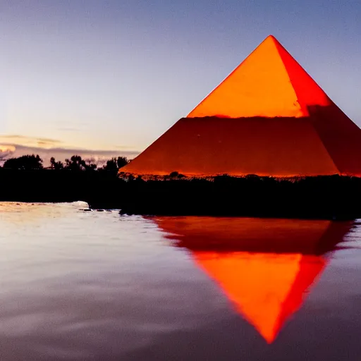 Image similar to a small glowing orange pyramid floating above an open palm, dark lighting