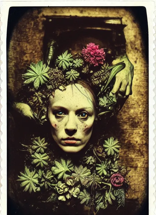 Image similar to beautiful and detailed rotten woman made of plants and many different types of flowers, muscles, intricate, organs, ornate, surreal, john constable, guy denning, dan hillier, manera, caravaggio, 1 9 1 0 polaroid photo