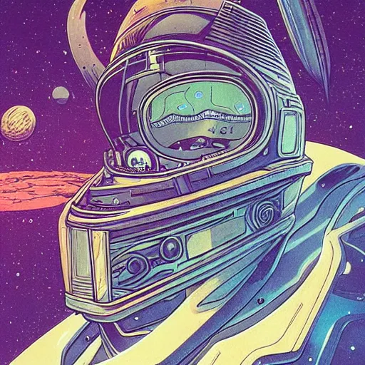 Image similar to moebius and mohrbacher portrait of a retro futuristic space ship captain, detailed illustration, stern look,