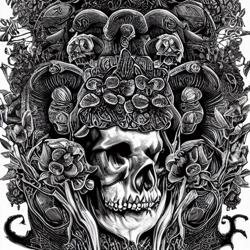 Image similar to detailed rotten skull corpse with fractal plants and fractal flowers and mushrooms growing around, symmetrical, ornate, ornamentation, illustration, in the style of onz _ blk, black and white