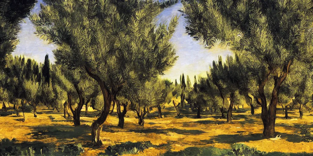 Image similar to flourishing blooming garden full of olive trees in italy, painting by manet, matte painting, canvas, 4 k, 8 k, high detail, golden hour, sunset, epic light, shadows, contrast,