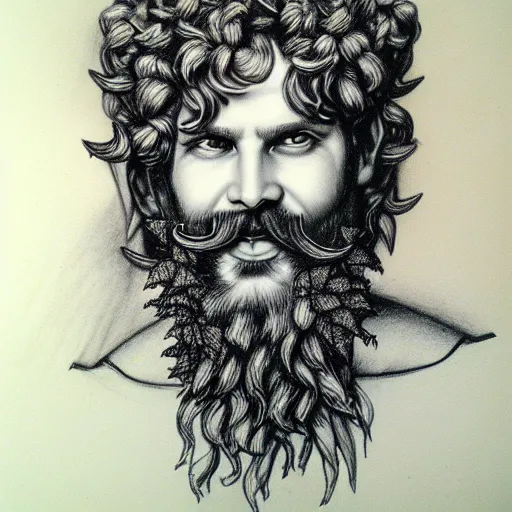 Prompt: portrait of tricky smiling bearded god dionysus with leaves and grape in his hair, tom finland, pencil drawing