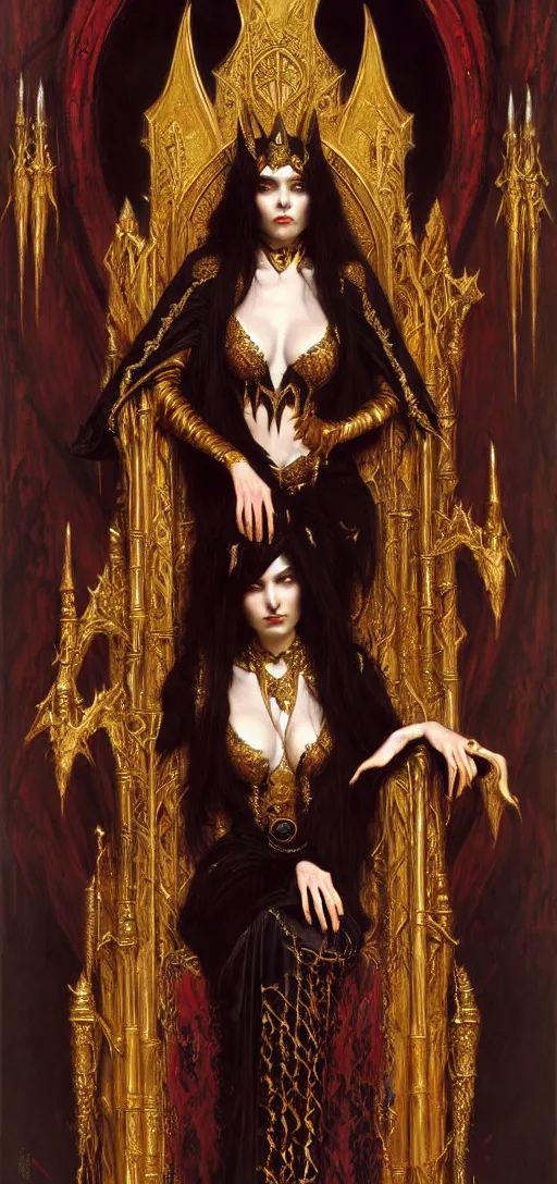 Image similar to full body portrait of beautiful vampire queen in gold gothic robes sitting on a throne of bones, elegant, highly detailed painting by gaston bussiere, craig mullins, j. c. leyendecker, 8 k, mid shot