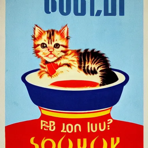 Prompt: baby kitten on a bowl of soup, soviet union poster propaganda