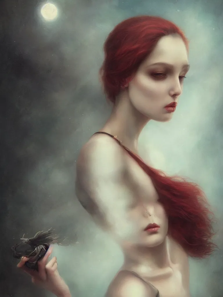 Image similar to a sad, beautiful woman painted by tom bagshaw